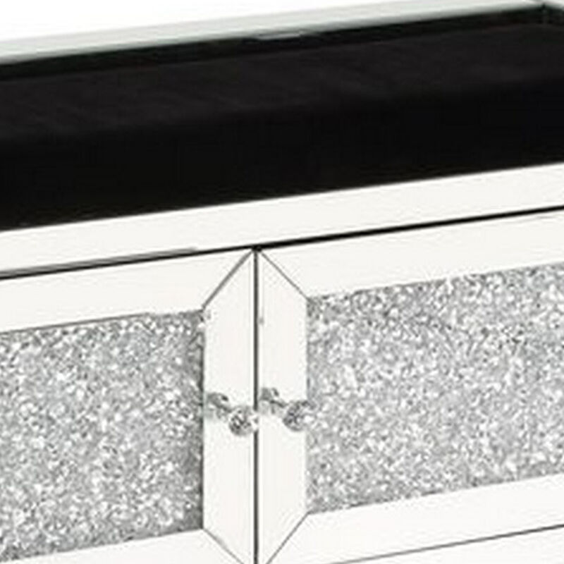 Mirrored Bench with Faux Diamonds and 2 Cabinets, Silver-Benzara