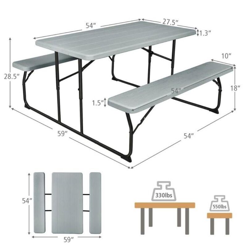 Hivvago Grey Folding Picnic Table with 2 Benches Outdoor Patio Dining Set