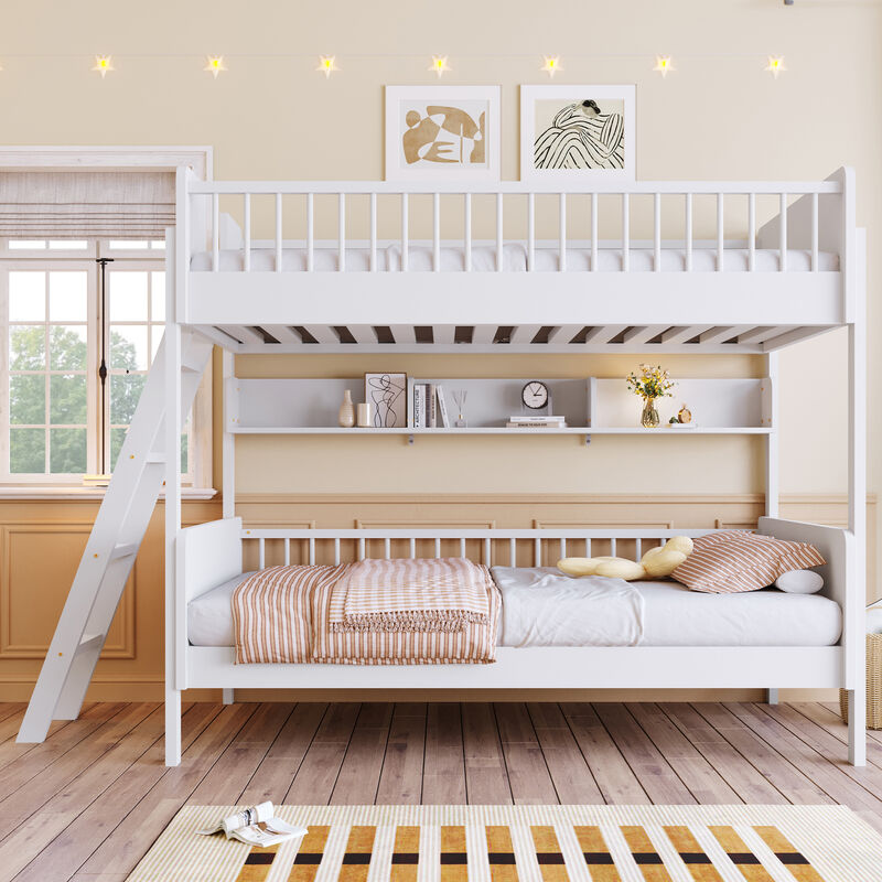 Merax Twin-Over-Twin White Wooden Bunk Bed with 3 Storage Shelves