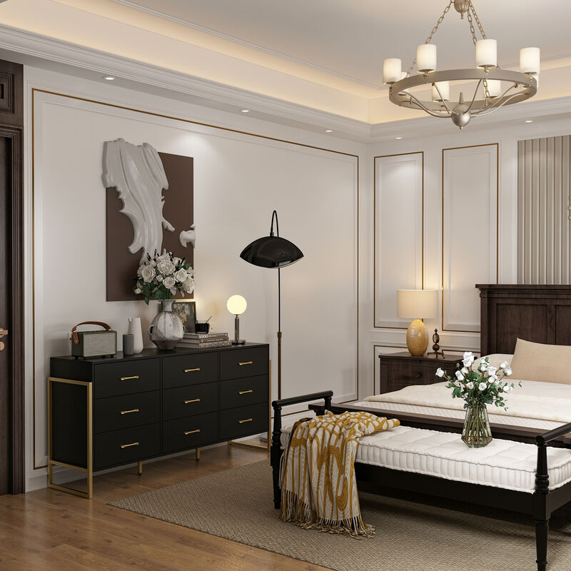 Black Wood 9 Big Drawers 61.4 in. W Dresser With Metal Frame Legs