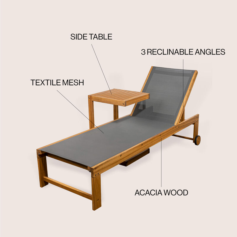 Trabuco Coastal Modern Acacia Wood Mesh 3-Position Outdoor Chaise Lounge Set with Side Table, Dark Gray/Teak Brown