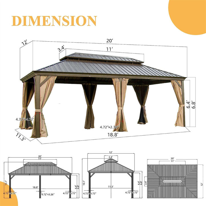 12'x 20' Hardtop Gazebo, Outdoor Aluminum Frame Canopy with Galvanized Steel Double Roof, Outdoor Permanent Metal Pavilion with Curtains and Netting for Patio, Backyard and Lawn (Brown)