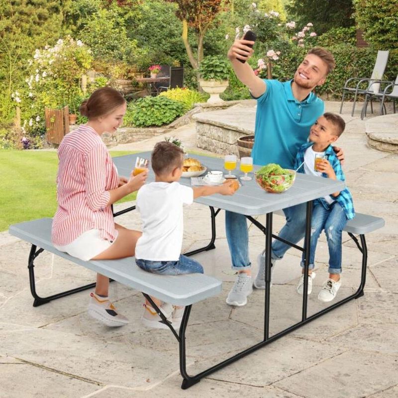 Hivvago Grey Folding Picnic Table with 2 Benches Outdoor Patio Dining Set