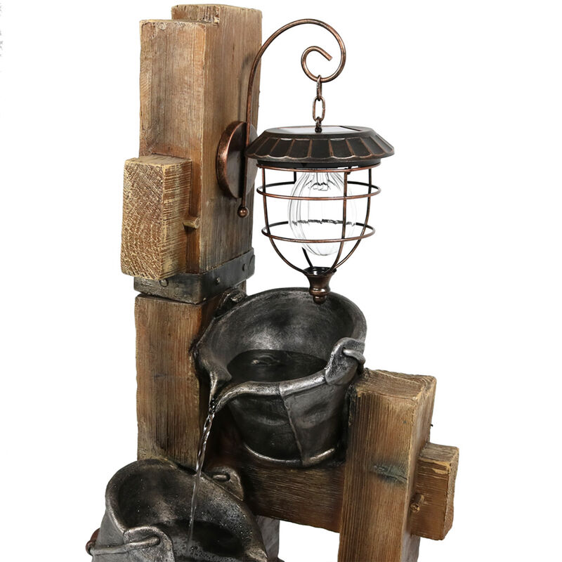 Sunnydaze Rustic Pouring Buckets Water Fountain and Solar Lantern - 34 in