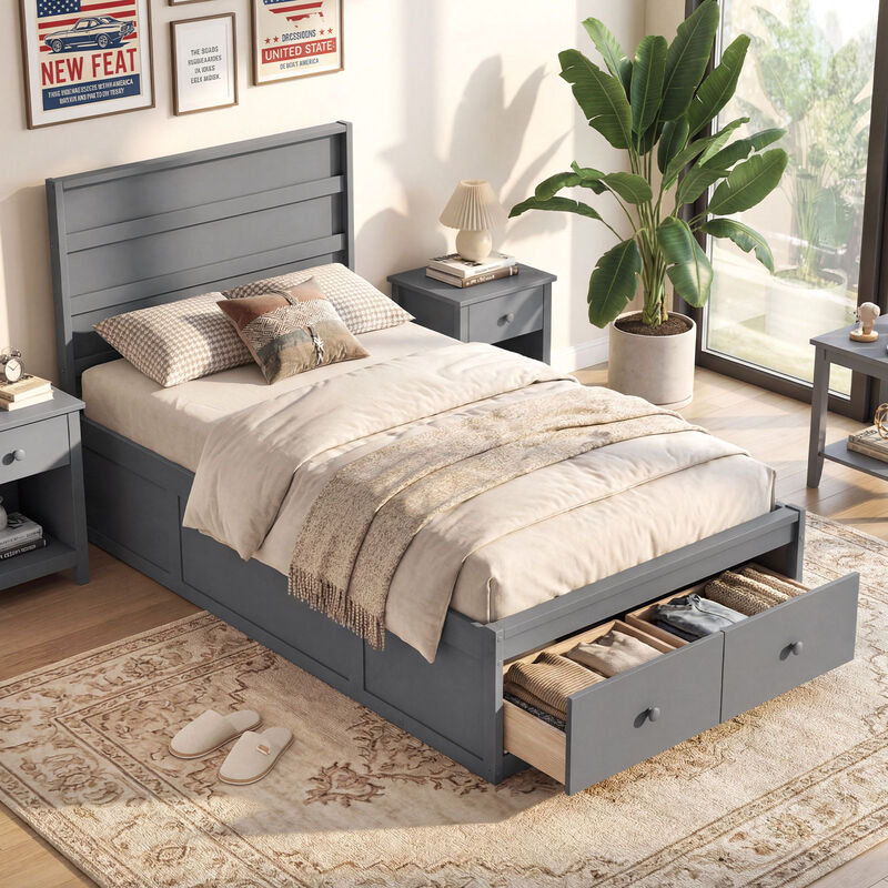 Twin Platform Bed Frame with Built-In Storage Drawers and Headboard image number 1