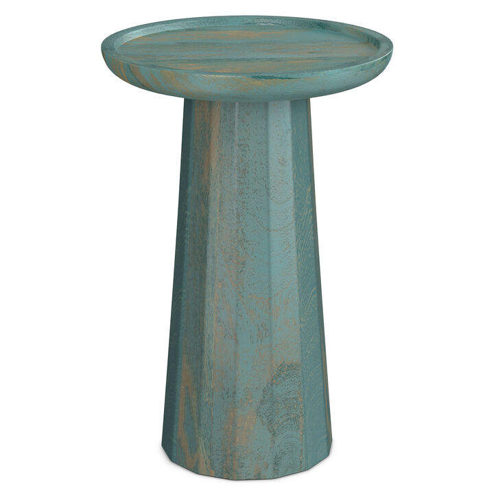 Dayton SOLID MANGO WOOD 13 inch Wide Round Contemporary Wooden Accent Table in Teal Wash, Fully Assembled