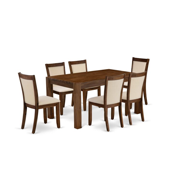 East West Furniture East West Furniture - CNMZ7-NN-32- 7-Pcs Dining Set - A Wood Dining Table and 6 Light Beige Linen Fabric Mid Century Chairs with Stylish High Back - (Sand Blasting Antique Walnut Finish)