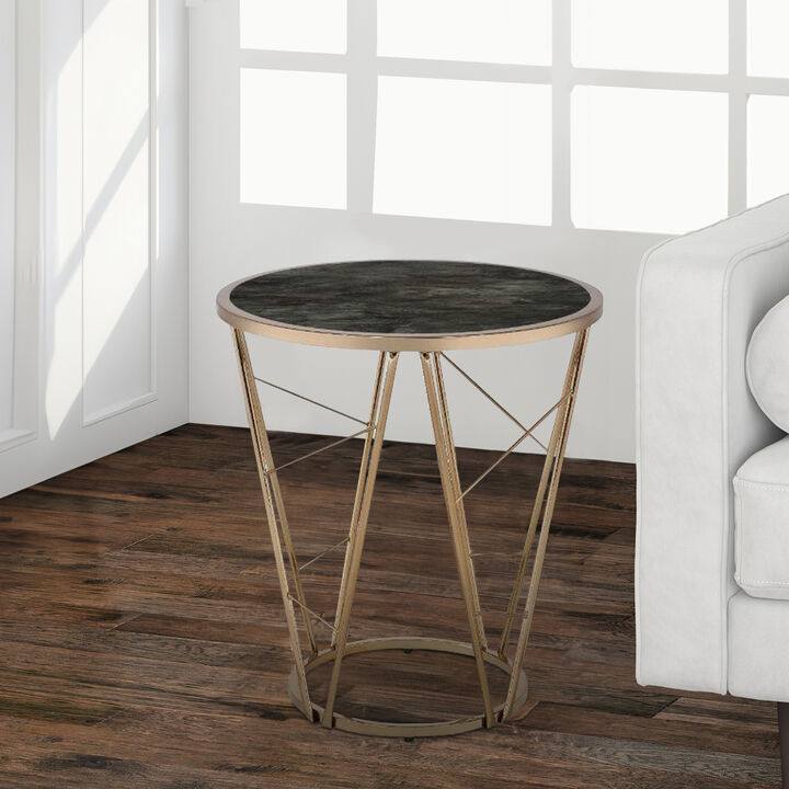End Table with Glass Top and Geometric Frame, Black and Gold-Benzara