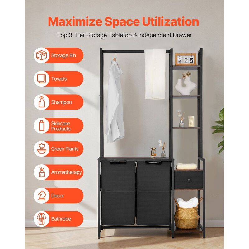 Freestanding Laundry Hamper with Rack, 3 Tier Shelves and 2 Section Sorter with Drawers-Black image number 3