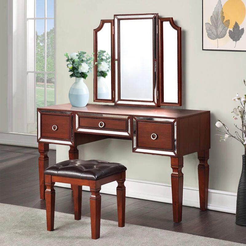 Thuy 60 Inch Vanity Desk Set, Upholstered Stool, Trifold Mirror, Brown