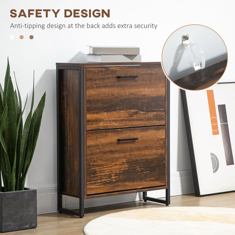 Rustic Brown Shoe Rack: Slim Cabinet with 2 Flip Doors for Entryway