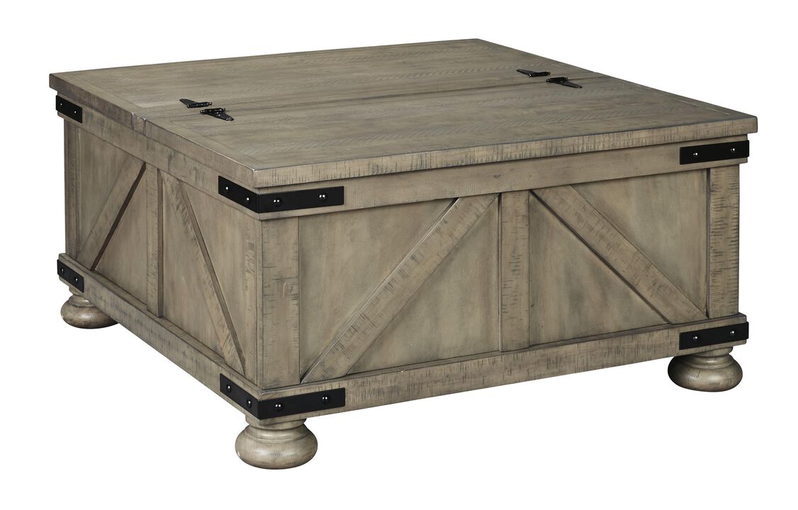 Farmhouse Cocktail Table with Lift Top Storage and Crossbuck details, Gray