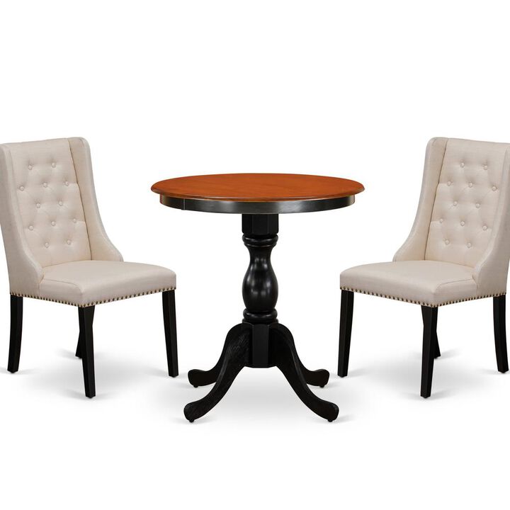 East West Furniture 3-Piece Mid Century Dining Set Consist of Dining Table and 2 Cream Linen Fabric Parson Chairs with Button Tufted Back - Black Finish