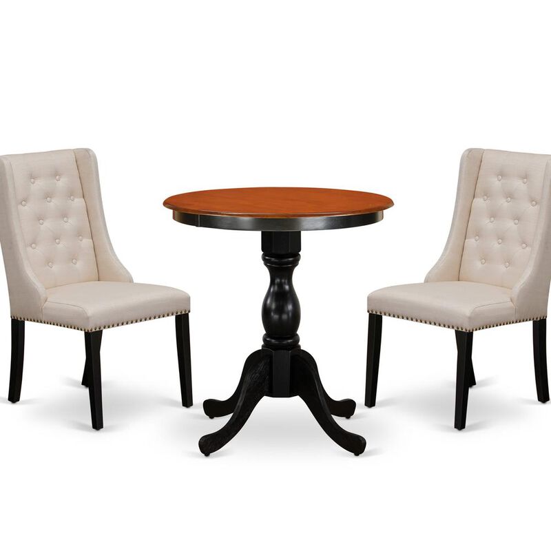 East West Furniture 3-Piece Mid Century Dining Set Consist of Dining Table and 2 Cream Linen Fabric Parson Chairs with Button Tufted Back - Black Finish