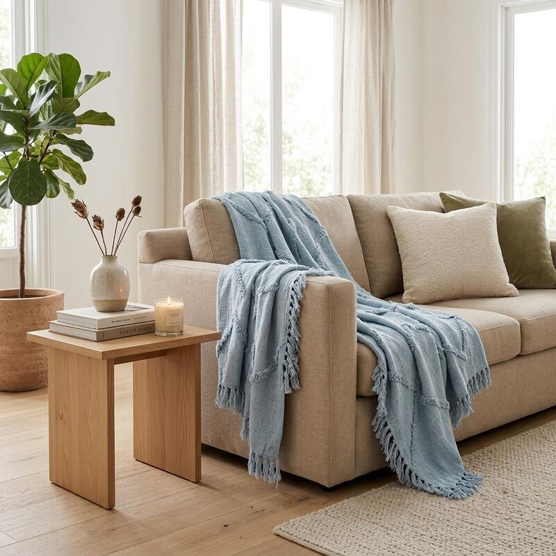 HomeRoots 50" X 60" Light Blue Cotton Woven Throw Blanket with Tassels And Fringe image number 1