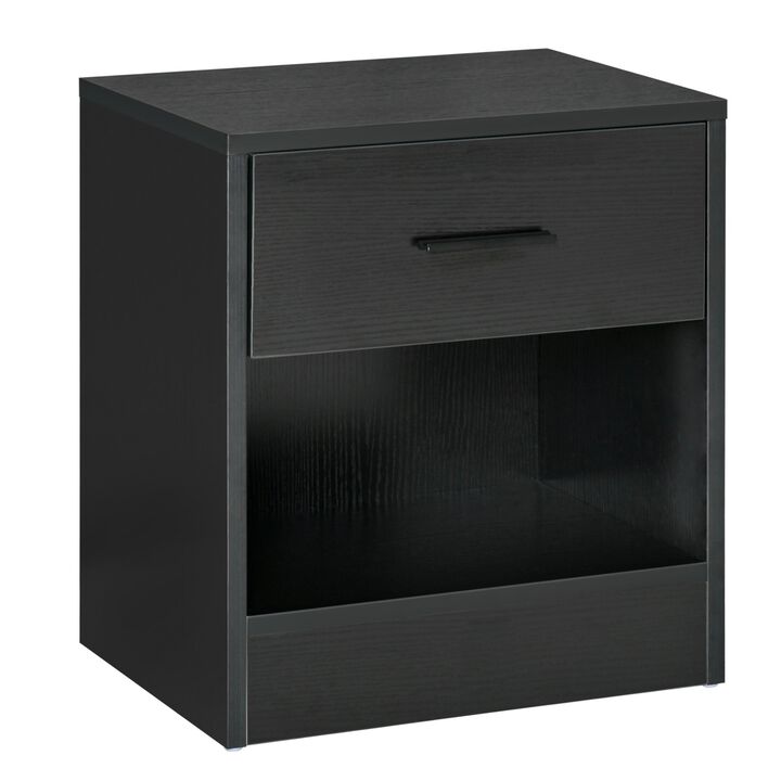 Black Wood Nightstand: Modern End Table with Drawer and Shelf