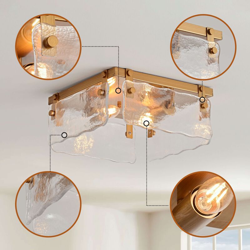 Celia 11.8" 2-light Brushed Brass Water Textured Hand Crafted Glass Square Flush Mount image number 7