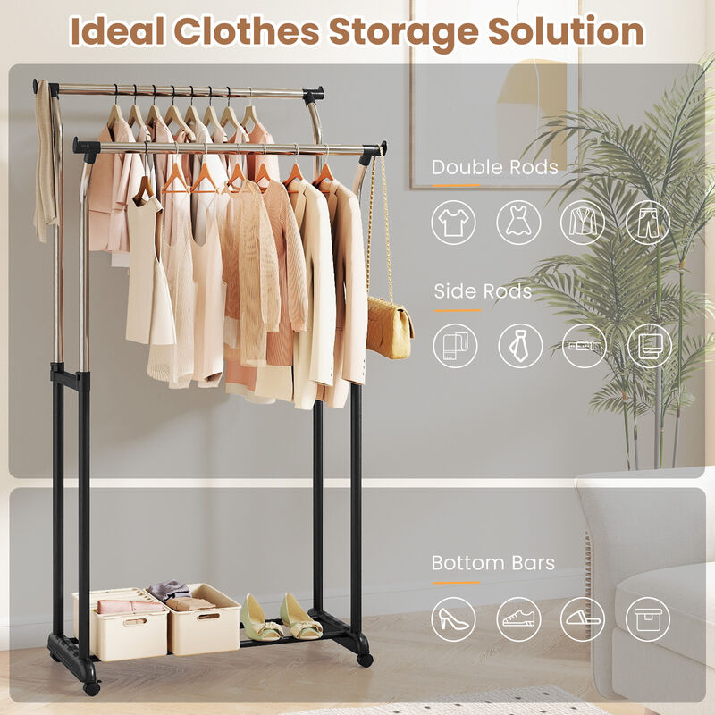 Double Rod Garment Rack with Wheels, Adjustable Height Rolling Clothes Organizer-Silver image number 6