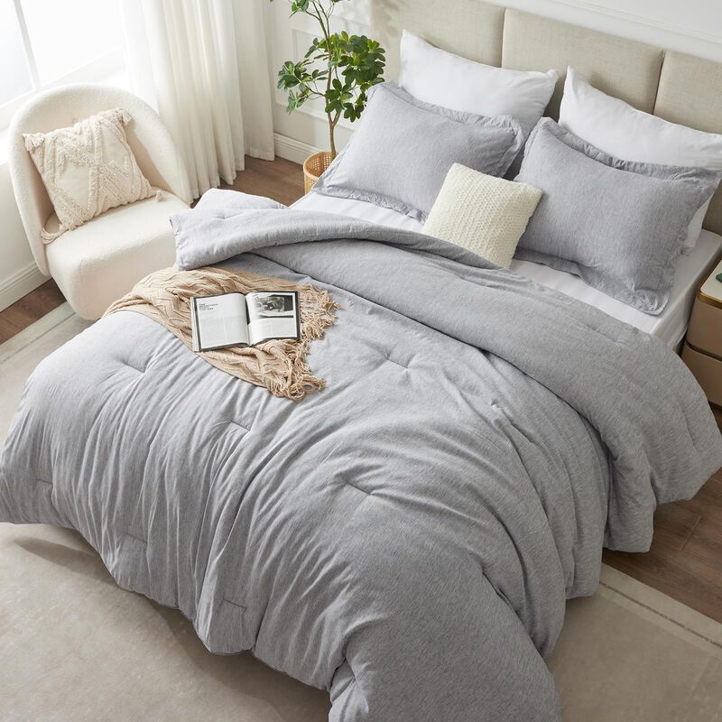 CozyLux King Size Comforter Set - 3 Pieces Light Grey Soft Luxury Cationic Dyeing Bedding Comforter for All Season, Light Gray B