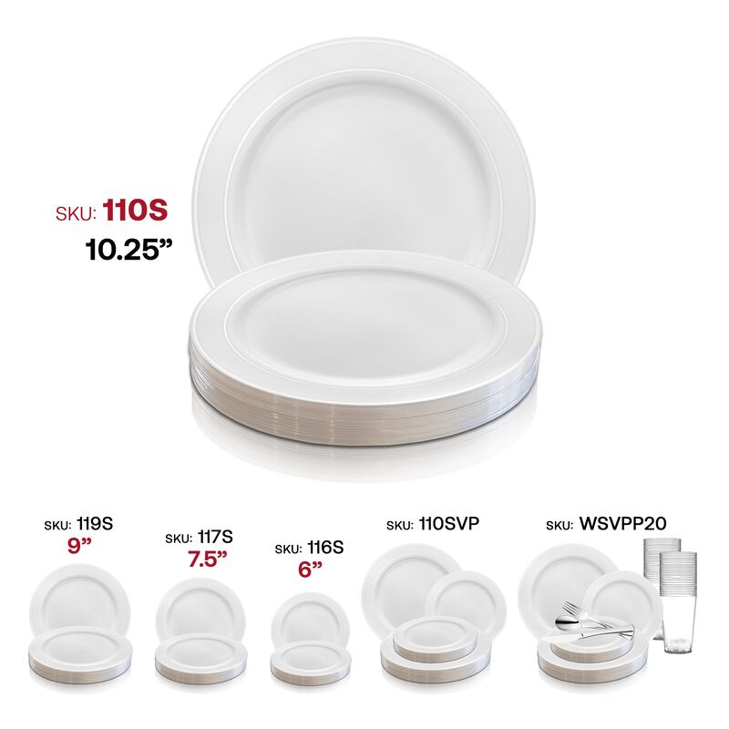 10.25" White with Silver Edge Rim Plastic Dinner Plates (120 Plates) image number 5