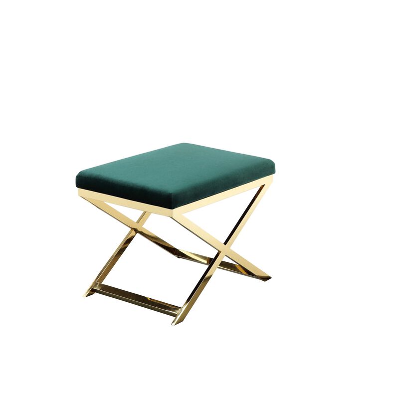 Sovi 24 Inch Accent Stool Ottoman Bench, Plush Green Velvet, Gold X Base - Benzara