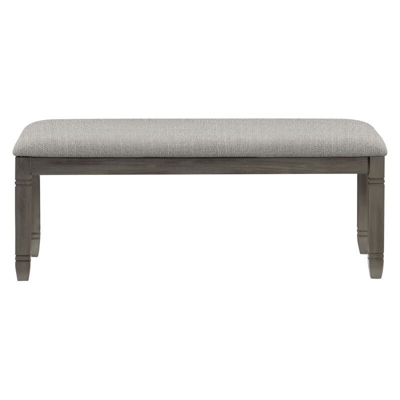 Rome 48 Inch Bench, Gray Textured Fabric, Padded Seat, Antique Gray Wood-Benzara image number 2