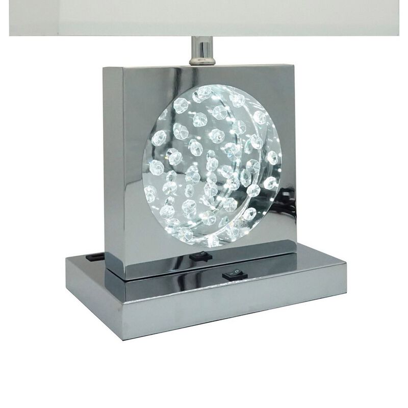 Rohi 22 Inch Table Lamp, White Fabric Shade, Chrome Base, LED Accents - Benzara