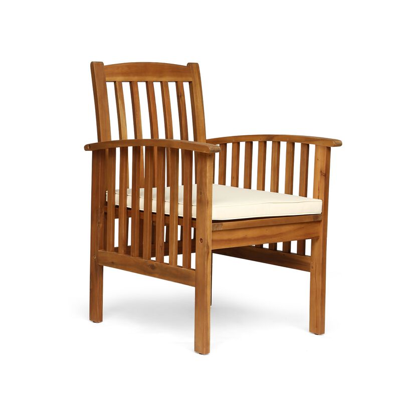 Gerry Dining Chair, Traditional Slat Design Brown Acacia Wood, Beige Fabric - Benzara