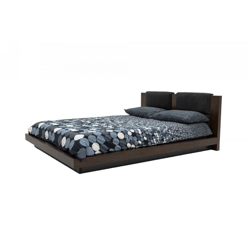 Noe Col King Bed, Dark Gray Pillow Upholstered Headboard, Low Profile Brown - Benzara