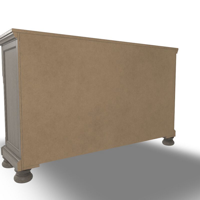 Ryno Wide Dresser, 7 Drawers, Pull Out Tray, Silver Round Knobs, Gray - Benzara