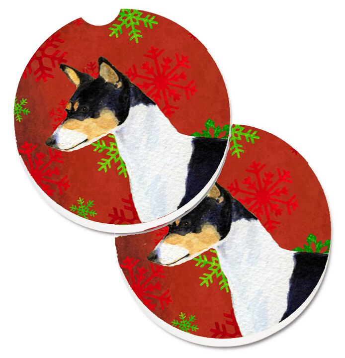 Caroline's Treasures Basenji Red & green Snowflakes Holiday Christmas Set of 2 Cup Holder Car Coasters SS4721CARC, 2.56, Multicolor