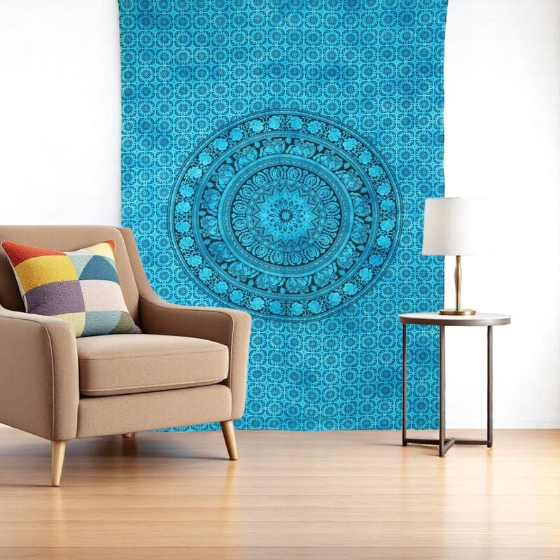 HomeRoots 80" X 56" Turquoise And Black Mandala Cotton Hanging Tapestry image number 1