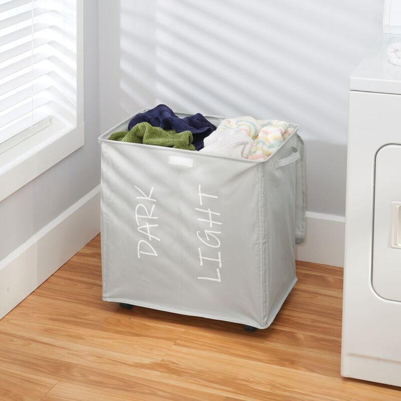 mDesign Divided Laundry Hamper Basket with Lid, Fabric Handles - Light Gray