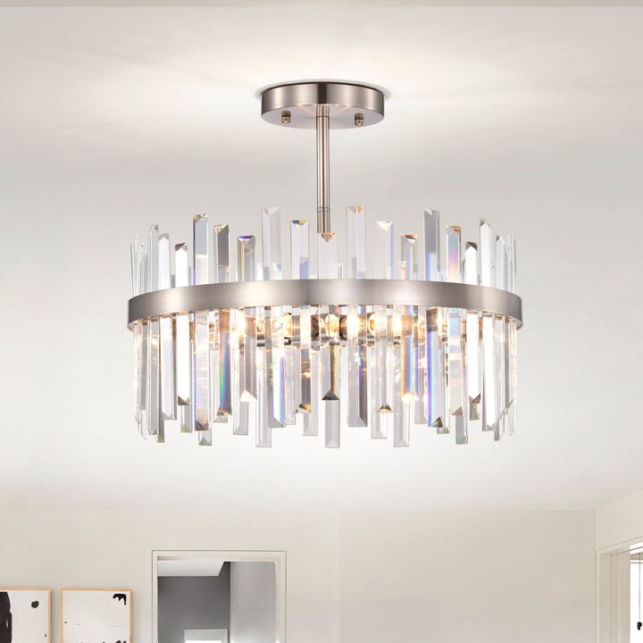 Ariel 18.5" 5-light Satin Nickel Drum Crystal Prism Flush Mount