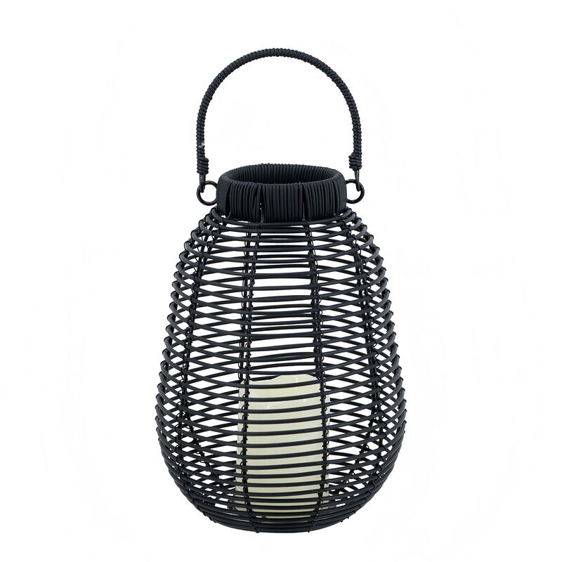 Clihome 7.9x7.9x10.6" Black Poly Rattan Lantern With White LED Candle