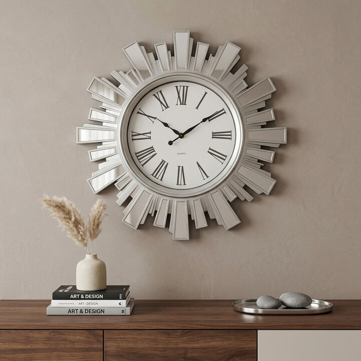 HomeRoots 19" Silver And Clear Mirrored Glass And Heavy Duty Plastic Silent Analog Sunburst Wall Clock