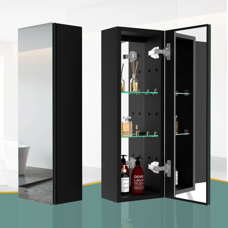30x10 Inch Medicine Cabinets Aluminum Bathroom Medicine Cabinet Adjustable Glass Shelves Black