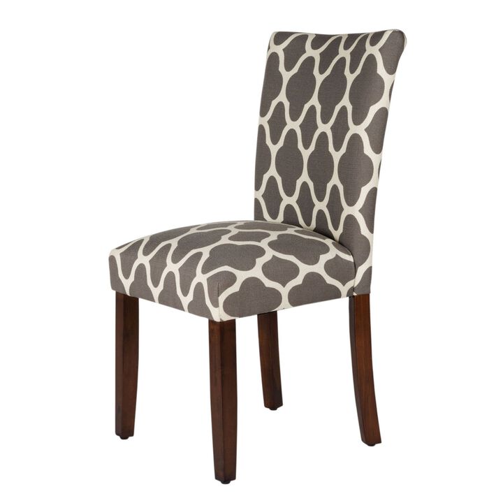 Wooden Parson Dining Chair with Quatrefoil Pattern Fabric Upholstery, Gray and White, Set of Two - Benzara