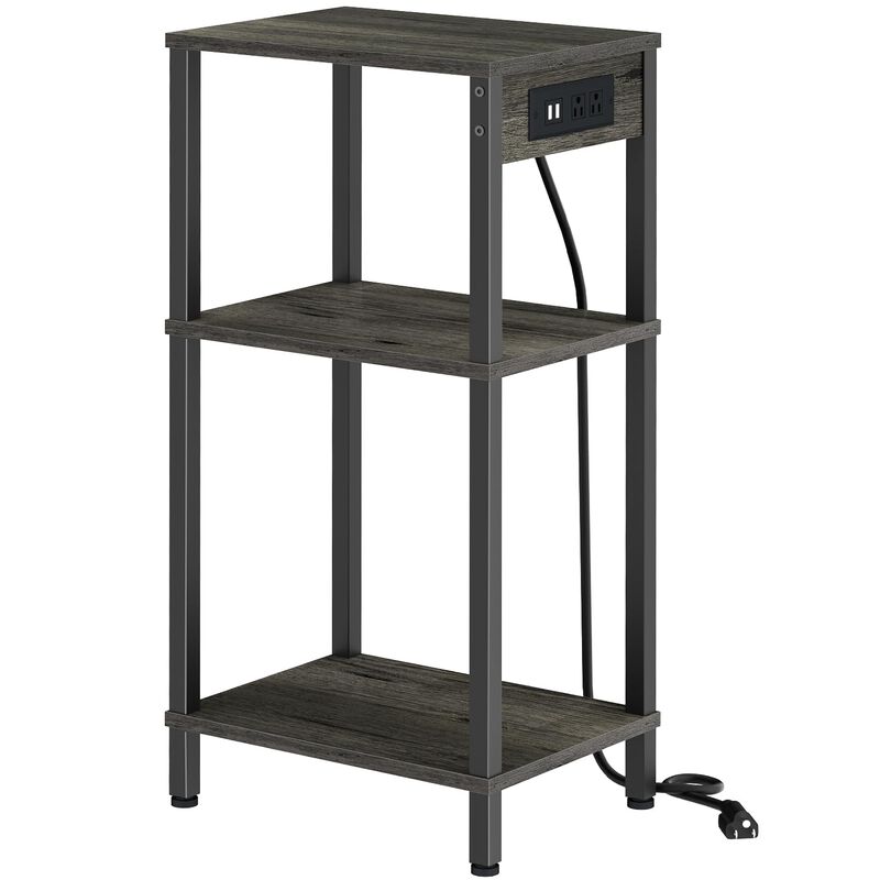 Creso hom Tall End Table with Charging Station and USB Ports, 3 Tier Narrow Side Table with Storage, Skinny Nightstand with Outl