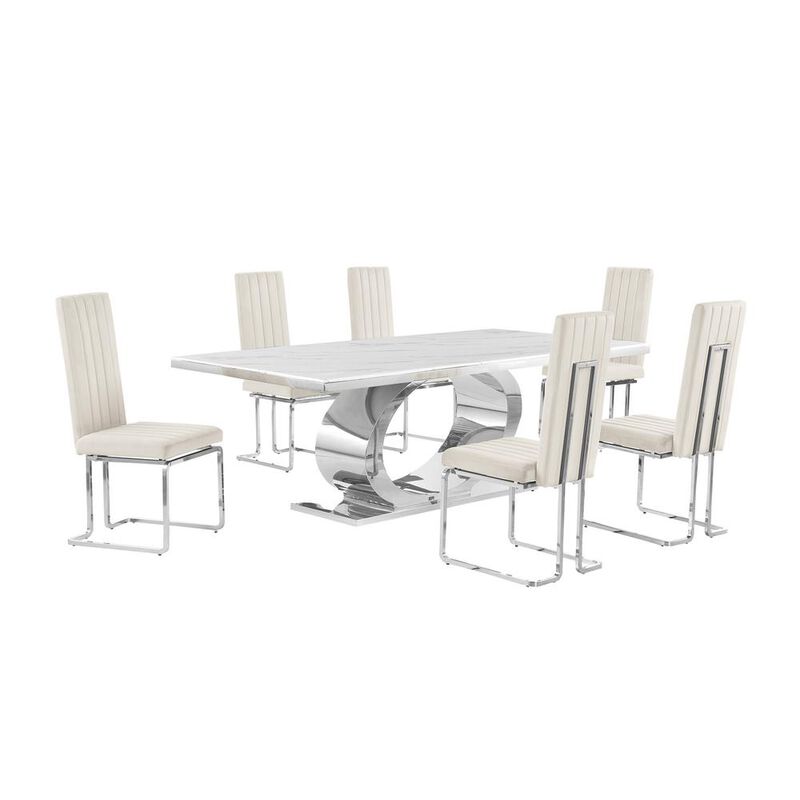 Best Quality Furniture 7pc Large(87) marble top dining set with silver base and 6 Cream side chairs image number 0