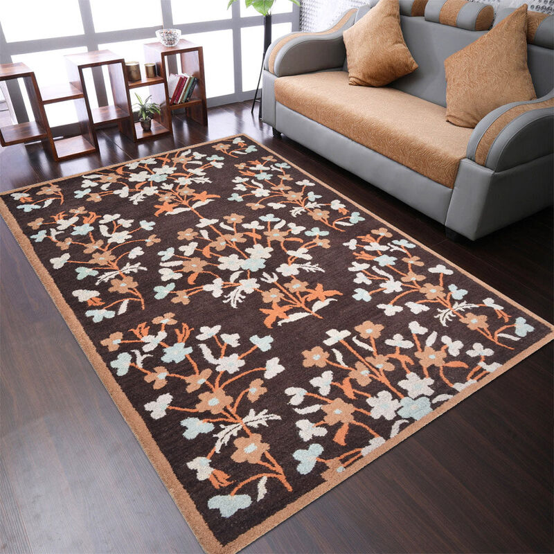 RUGSOTIC CARPETS HAND TUFTED WOOL ECO-FRIENDLY AREA RUGS  - 9'x12', Rectangle Shape, Brown, Floral Modern Design, High Pile Thick Handmade Anti Skid Area Rugs for Living Room, Bed Room (K00228)