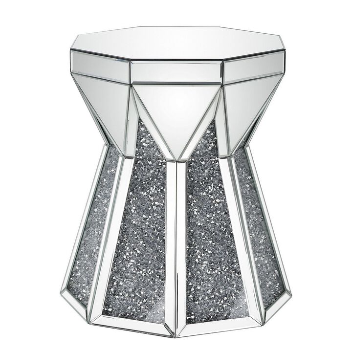 Multiple Faceted Mirrored End Table with Faux Diamonds, Silver-Benzara