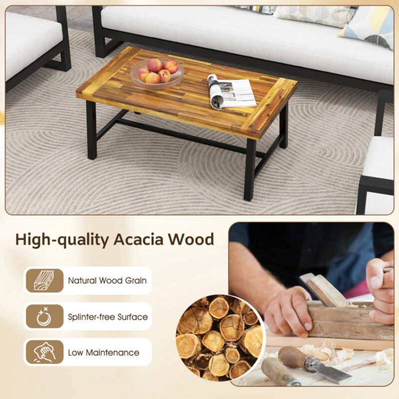 Hivvago Acacia Wood Coffee Table with Thickened Top and Heavy-duty Metal Legs