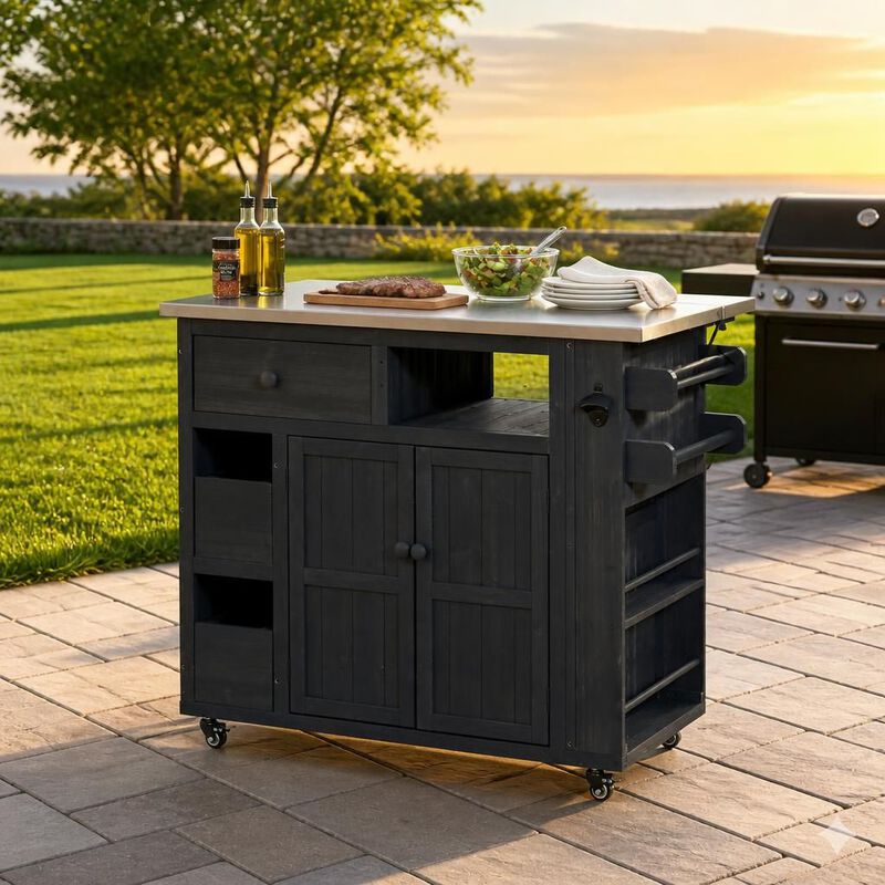 ELEMENT ACE Extendable Solid Wood Outdoor Kitchen Island Grill Table With Storage Drawers Spice Rack For Backyard BBQ And Meal Prep image number 2