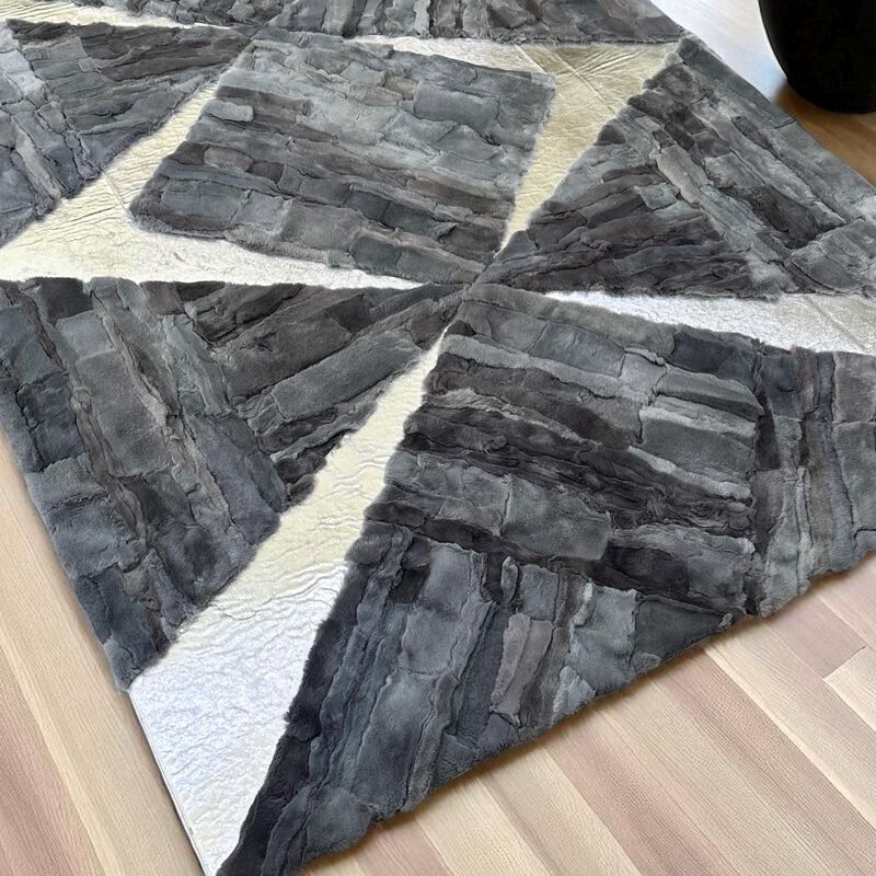 Modern Geometric Rex Rabbit Fur Area Rug in Grey and White, Soft Shaggy Rectangular Carpet, Luxury Hair Fur Living Room Rug, Custom Handmade image number 4