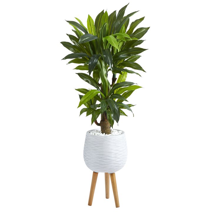 HomPlanti 46" Corn Stalk Dracaena Artificial Plant in White Planter with Stand (Real Touch)