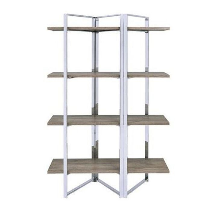 Geometric Metal Framed Bookshelf with Four Open Wooden Shelves, Brown and Silver-Benzara