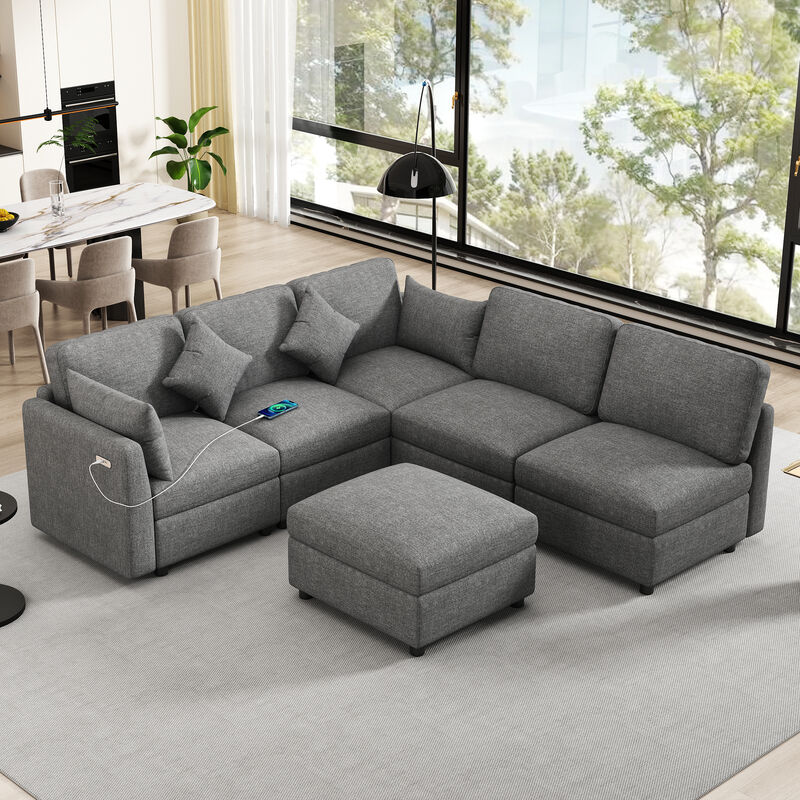 Whisen 86.6" Modular Sectional Sofa, Chenille U-Shaped Couch with Movable Ottoman & USB Ports for Living Room, Apartment image number 2