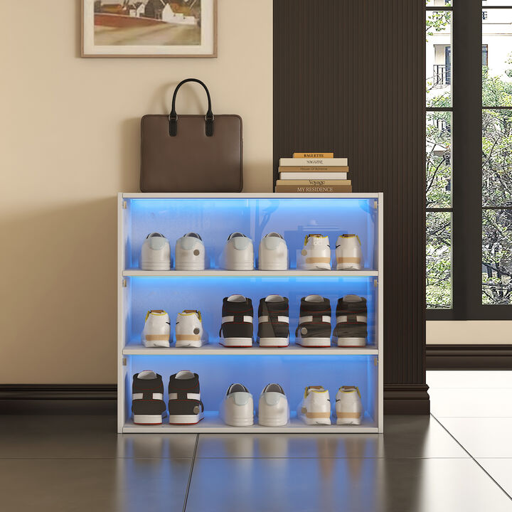 GOODSILO Stackable Shoe Storage Cabinet with Sliding Glass Doors and RGB LED Lighting Durable Footwear Organizer for Entryway Bedroom Closet Display
