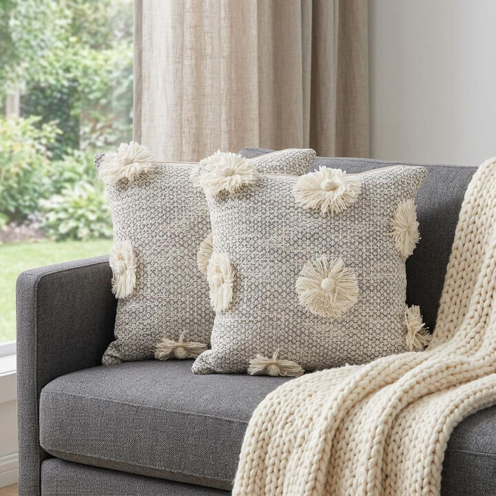 HomeRoots Set of Two Gray and Ivory Floral Cotton Throw Pillows With Fringe